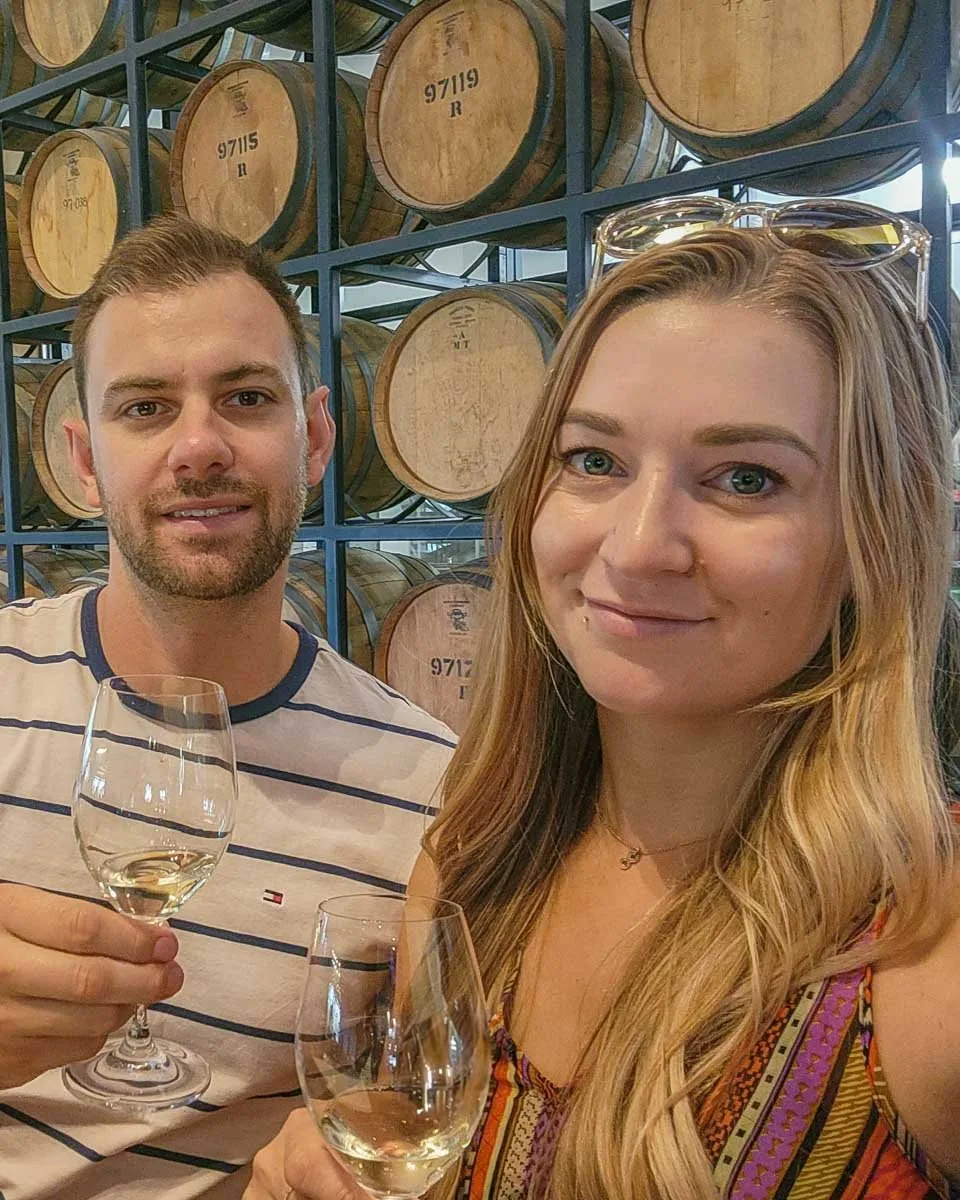 Daniel-and-Bailey-take-a-selfie-wine-tasting-in-Albufeira Portugal