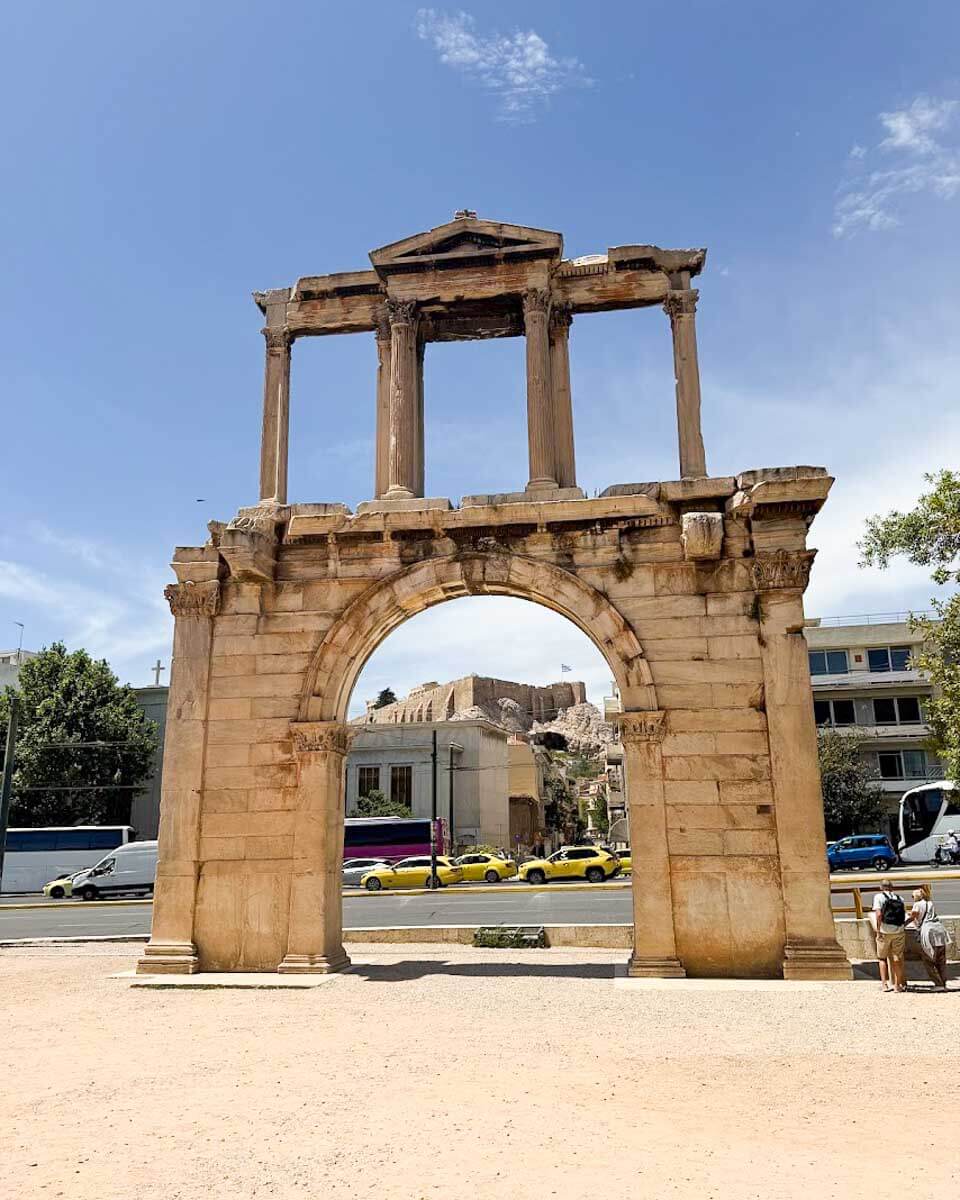 Hadrian’s Gate, the ancient Roman arch in Athens, Greece, viewed from the front on a sunny day