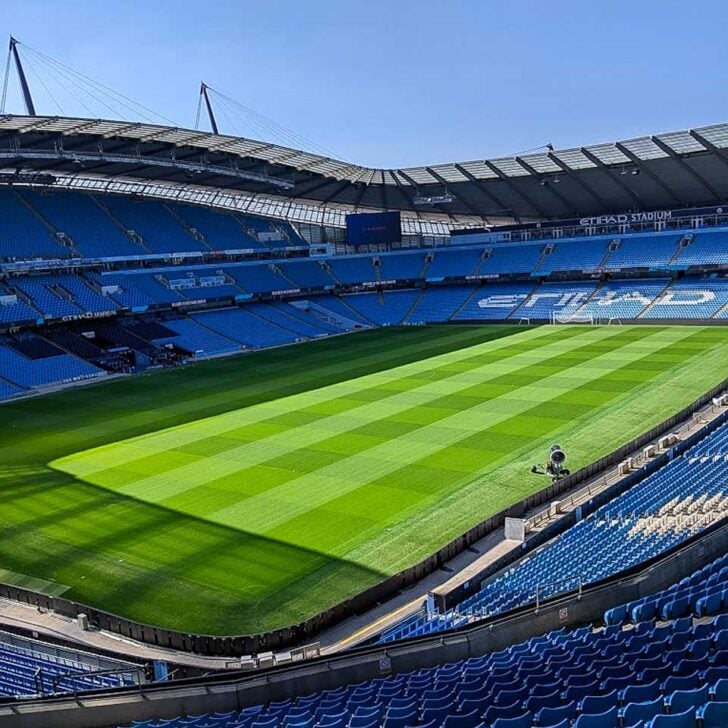 Manchester City Stadium and field in Manchester UK