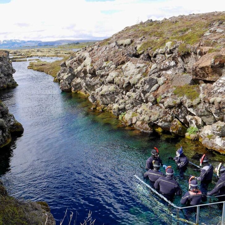 People snorkel at Silfra Rift in Reykjavik Iceland