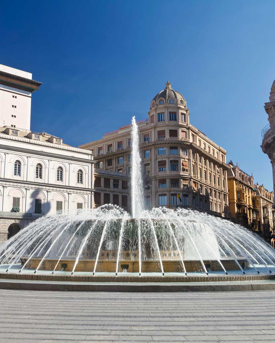 Piazza De Ferrari and the fountain in Genoa Italy