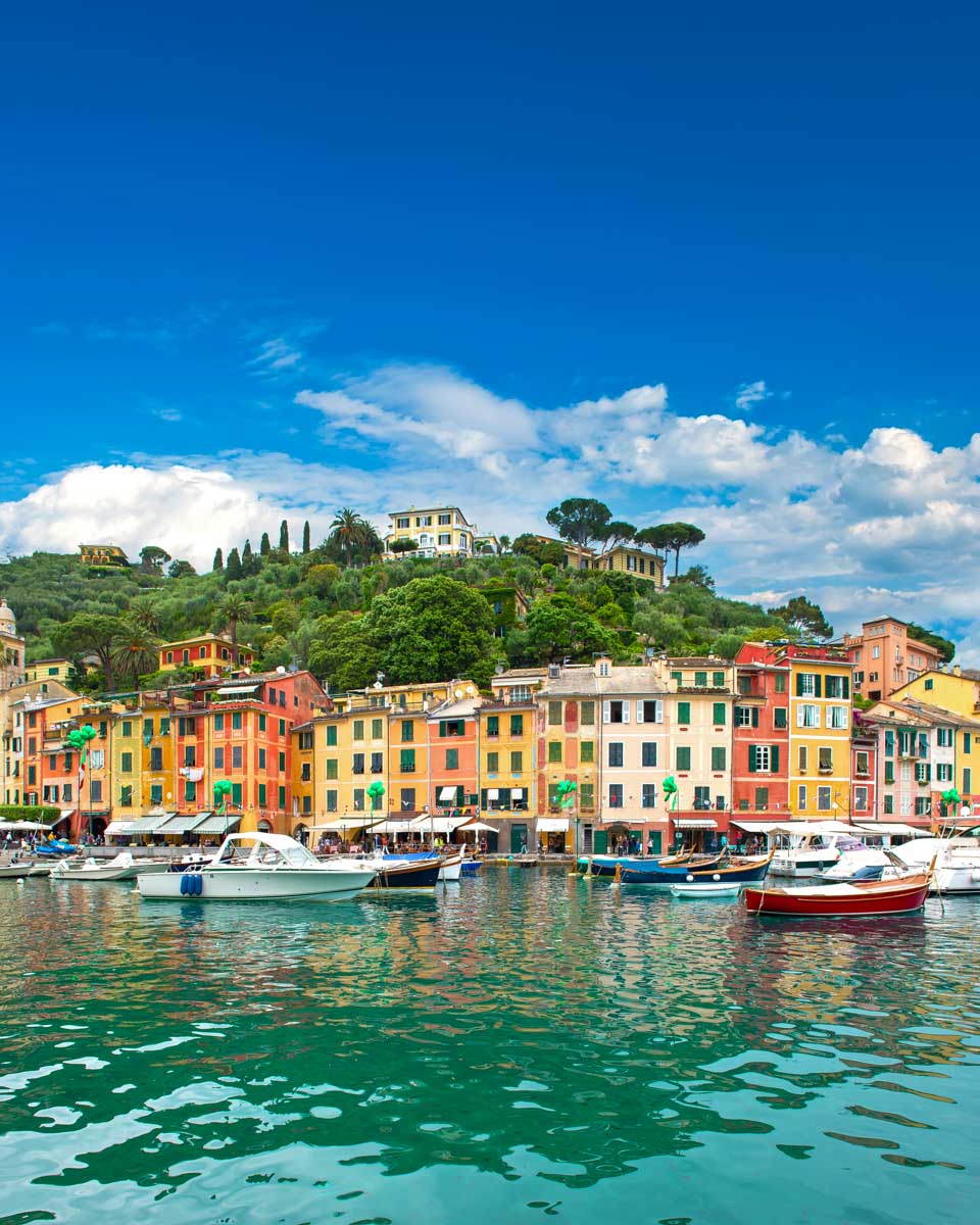 Portofino seen from a boat on a tour from Genoa Italy