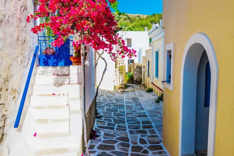 Small colorful houses seen in Lefkes Greece Naxos on a suny day
