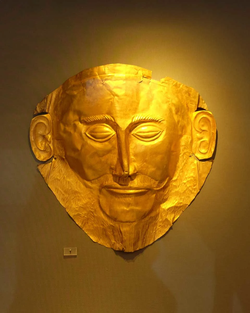 The golden mask of Agamemnon at the National Archaeological Museum in Athens Greece