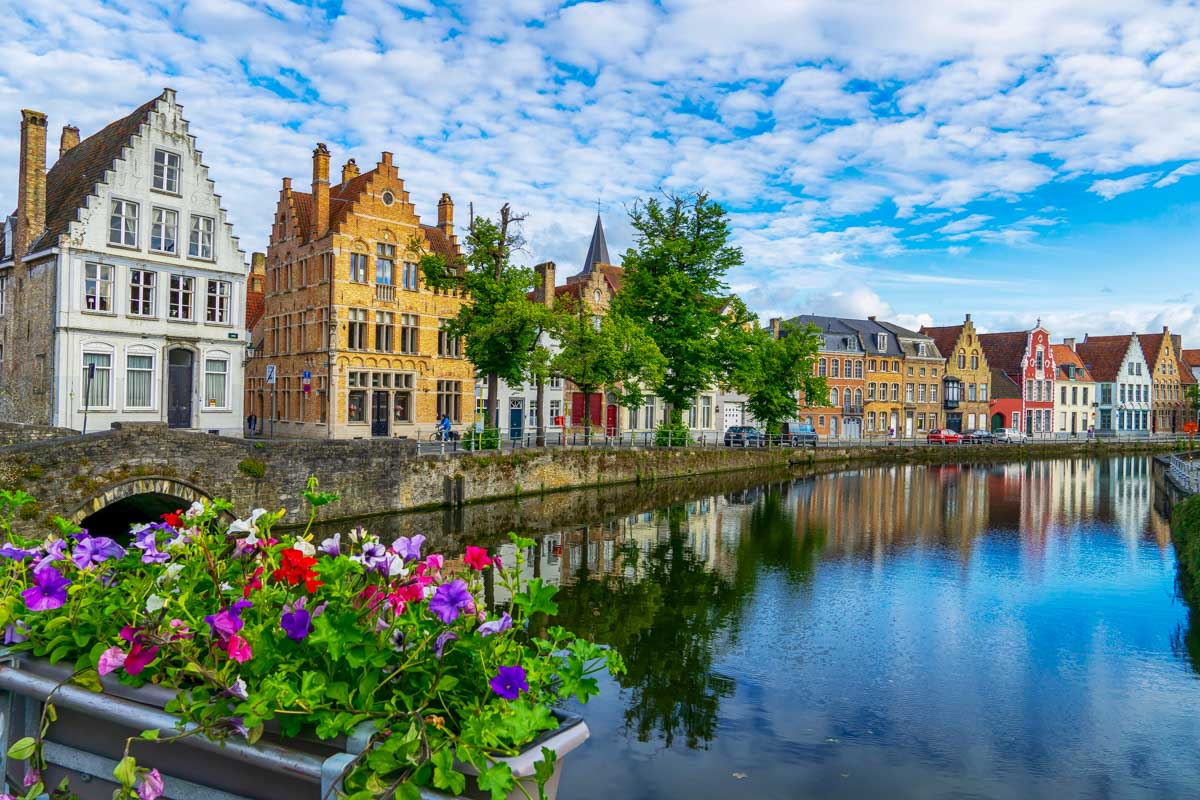 Traditional colorful houses seen in Bruges, Belgium on a sunny day