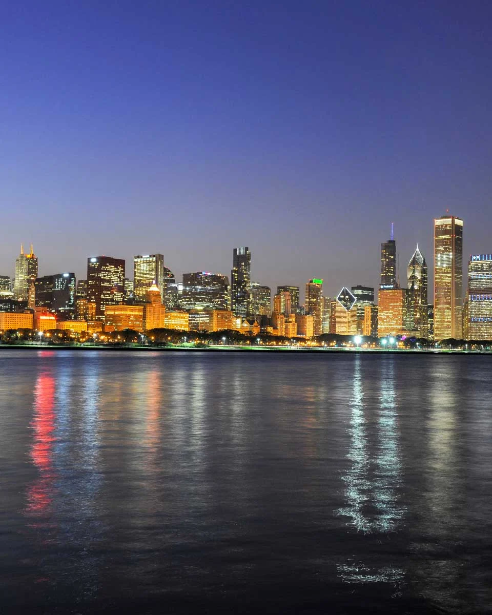 View of Chicago at night from Lake Michigan on a cruise from Chicago Illinois
