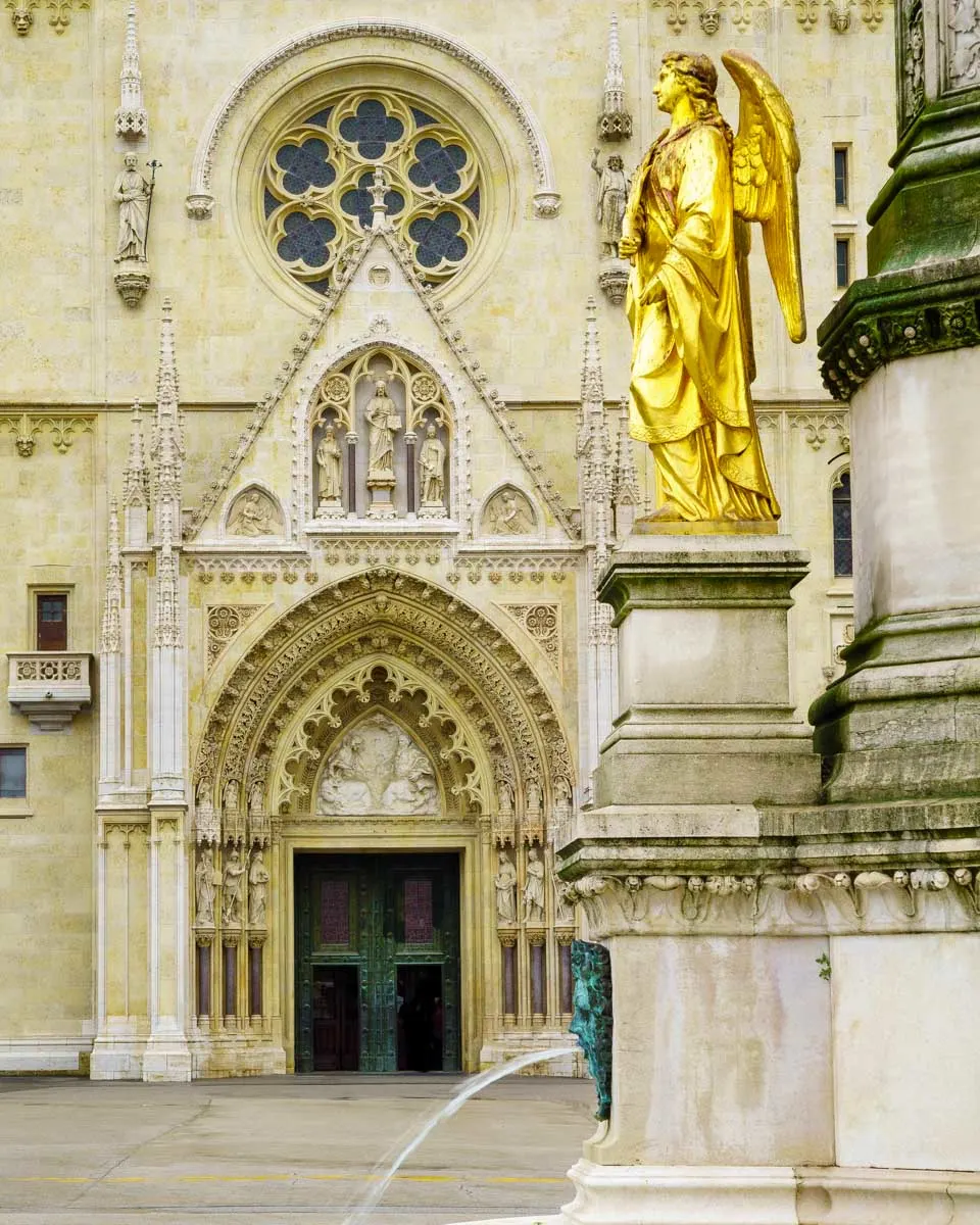 Zagreb Cathedral and fountain seen on a history tour in Zagreb Croatia