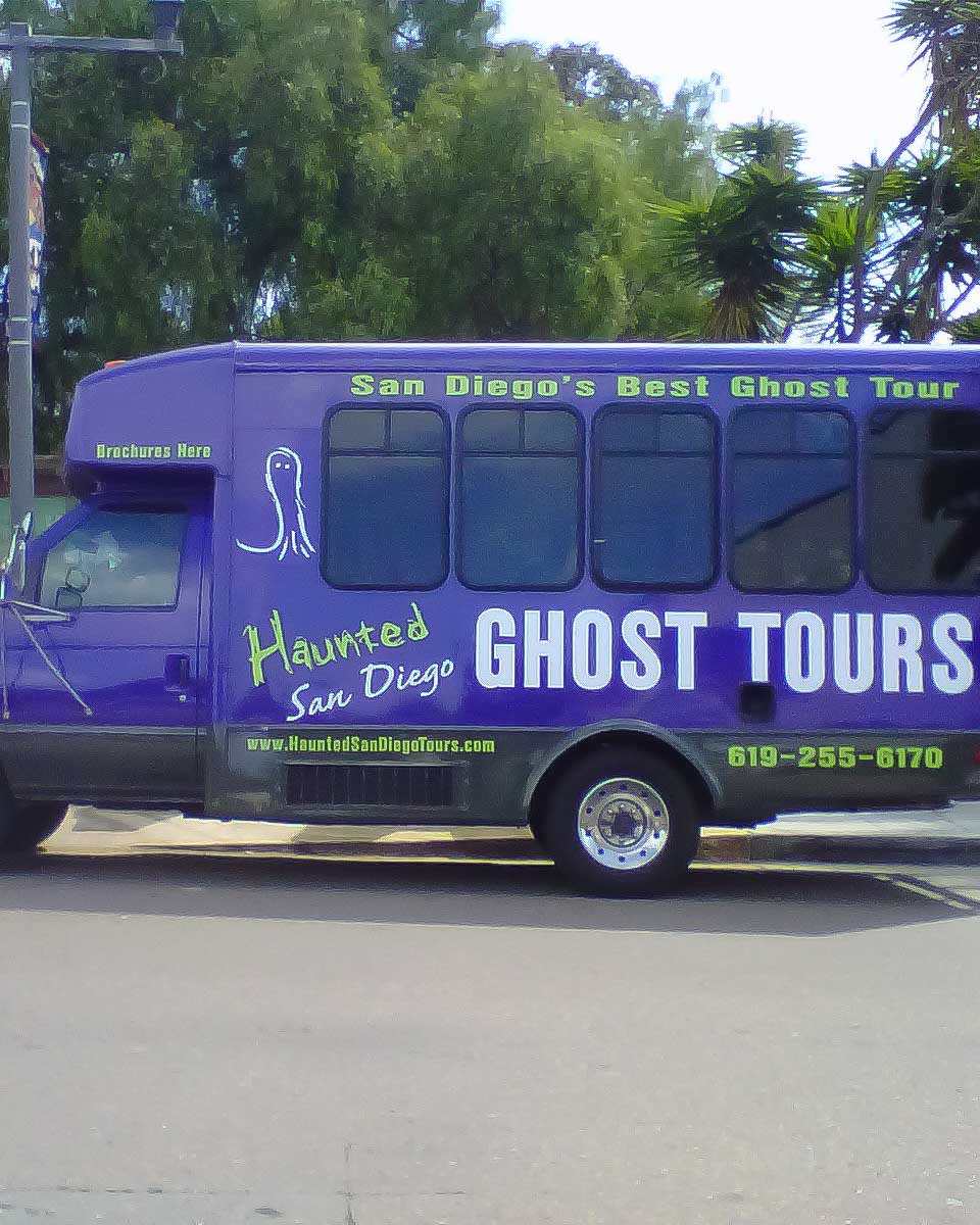 A ghost tours van on a tour in San Diego