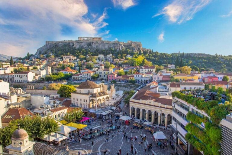 A view of Athens Greece from the sky with Acropolis in the background