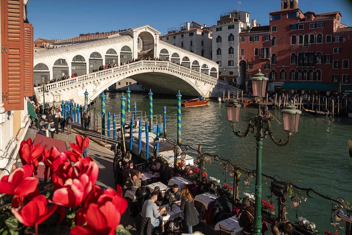 Aerial view of the Ristorante Caffe Saraceno waterfront seating in Venice Italy