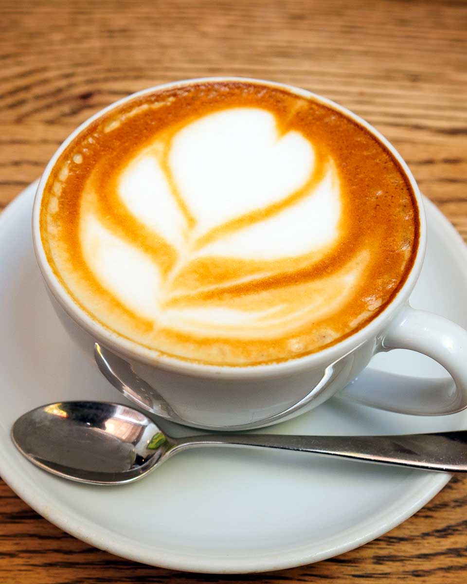 Coffee with latte art in Madrid Spain