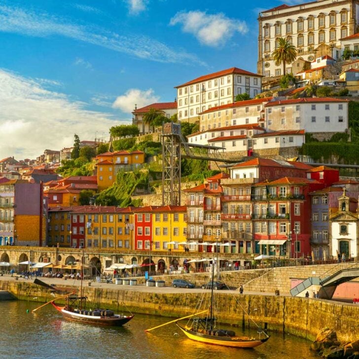 The Ribeira neighborhood seen at sunset in Porto Portugal