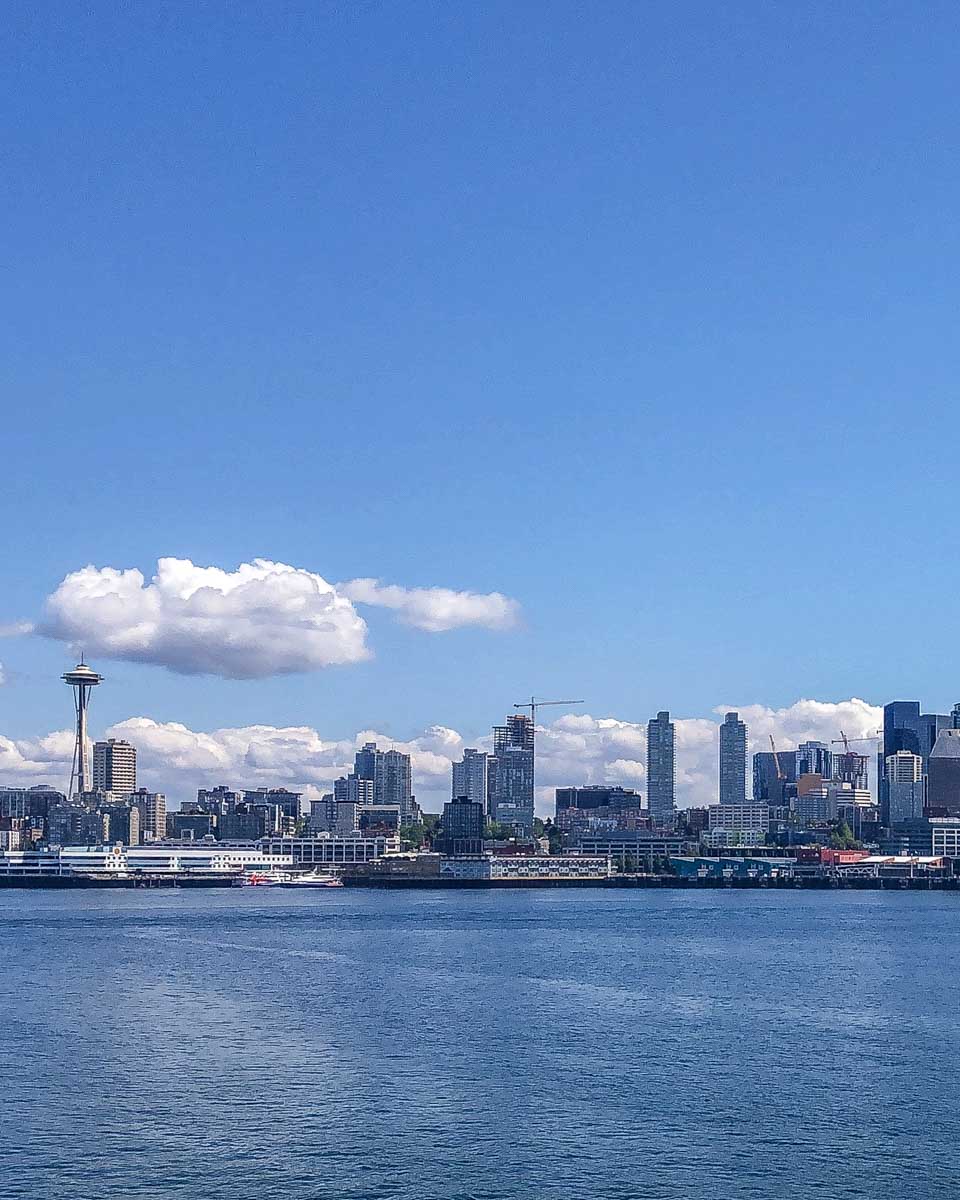 The view of Seattle from Bainbridge Island ferry in Seattle Washington