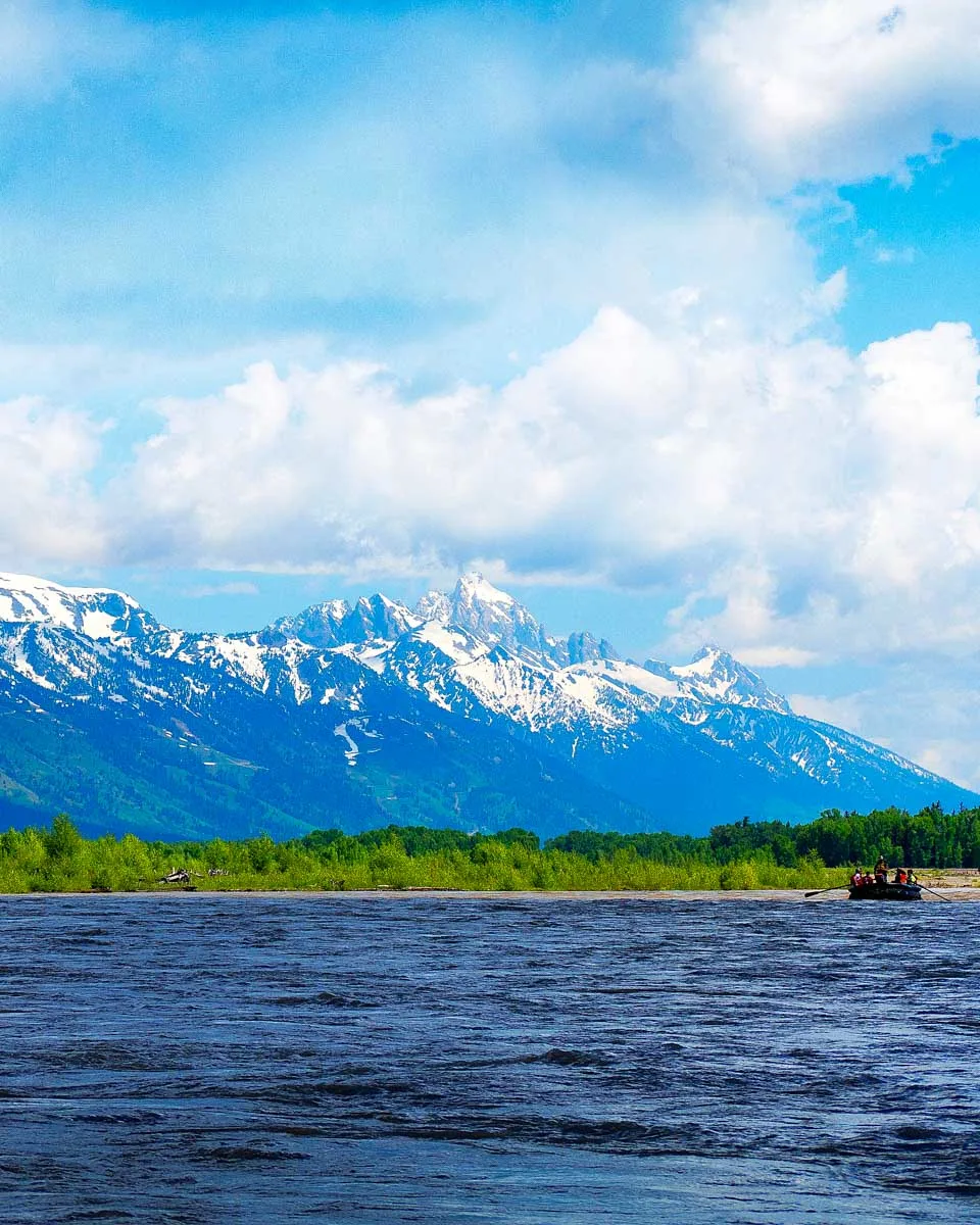 View of the mountains on a rafting tour on Snake River from Jackson Hole Wyoming