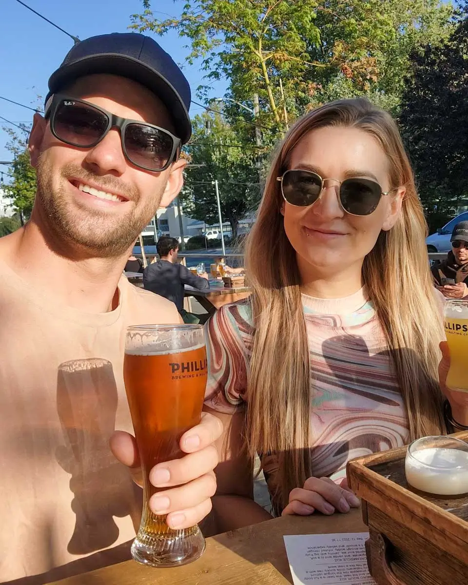 Bailey and Daniel drinking Beers at Phillips Brewery in Victoria BC