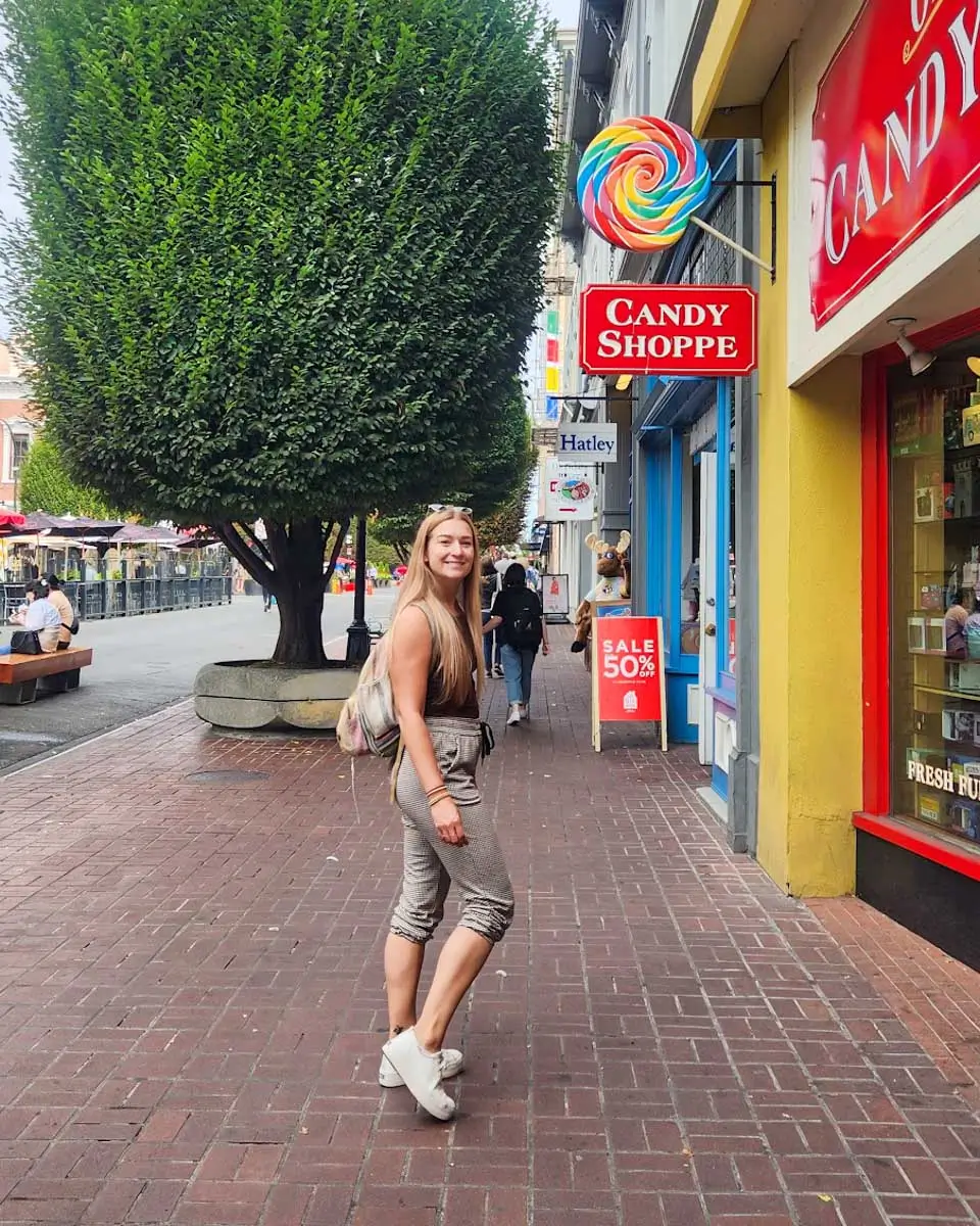 Bailey walking along the Government Street in Downtown Victoria BC