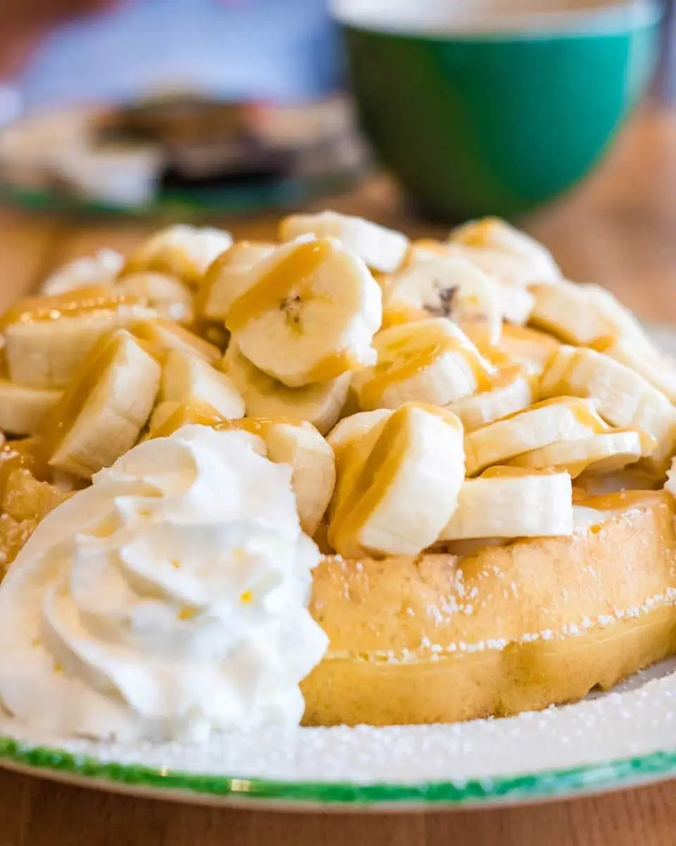 Banana waffle at Cora Breakfast in Victoria BC