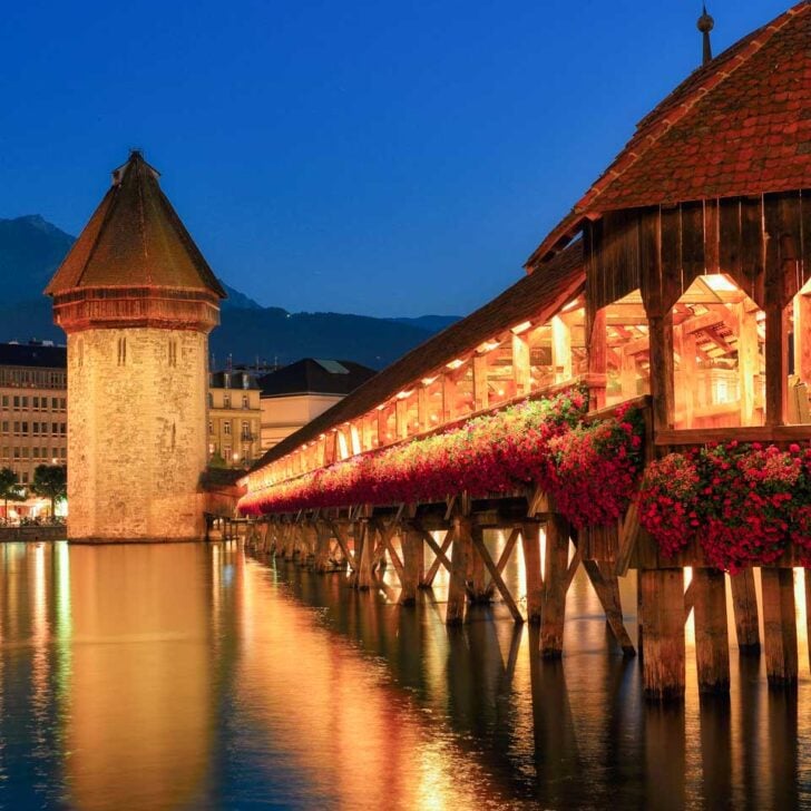 Chapel Bridge at night in Lucerne Switzerland