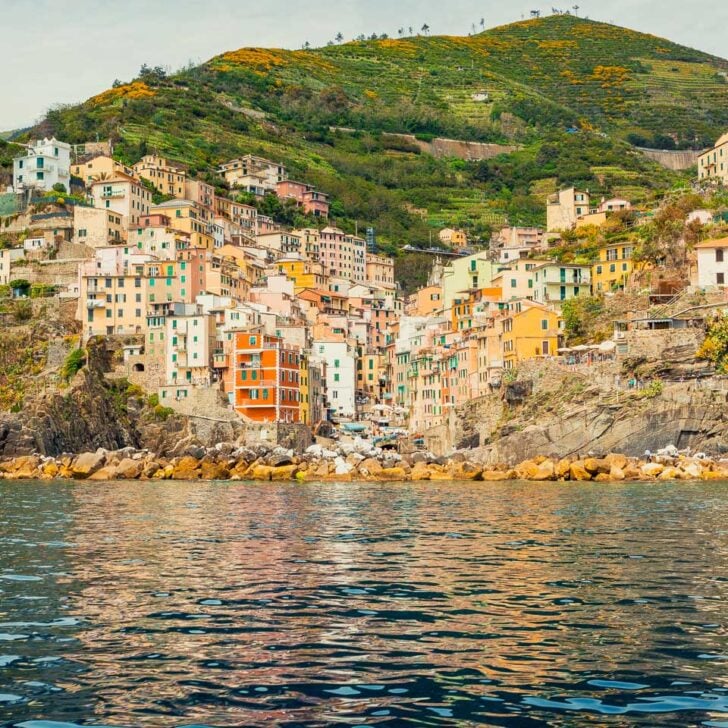Cinque Terre seen from the water on a boat tour from Monterosso Italy