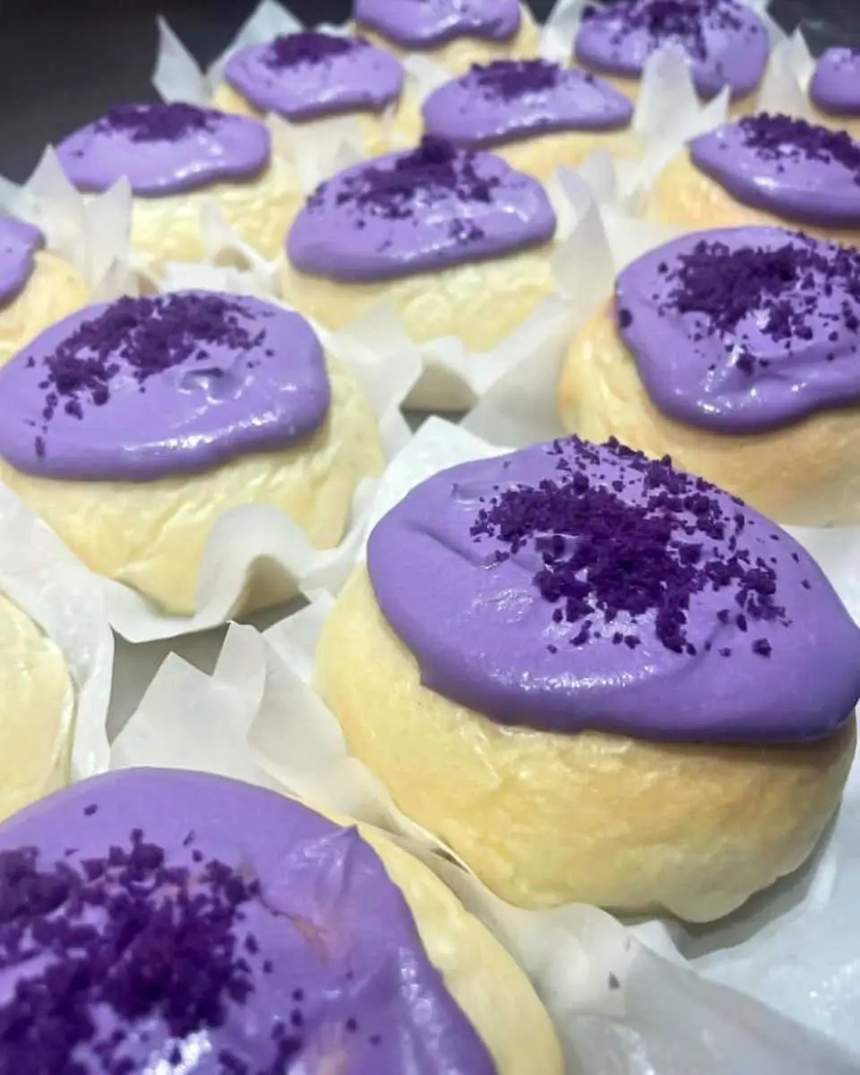 Filipino ube cream-filled bun eaten on a food tour in Victoria, BC