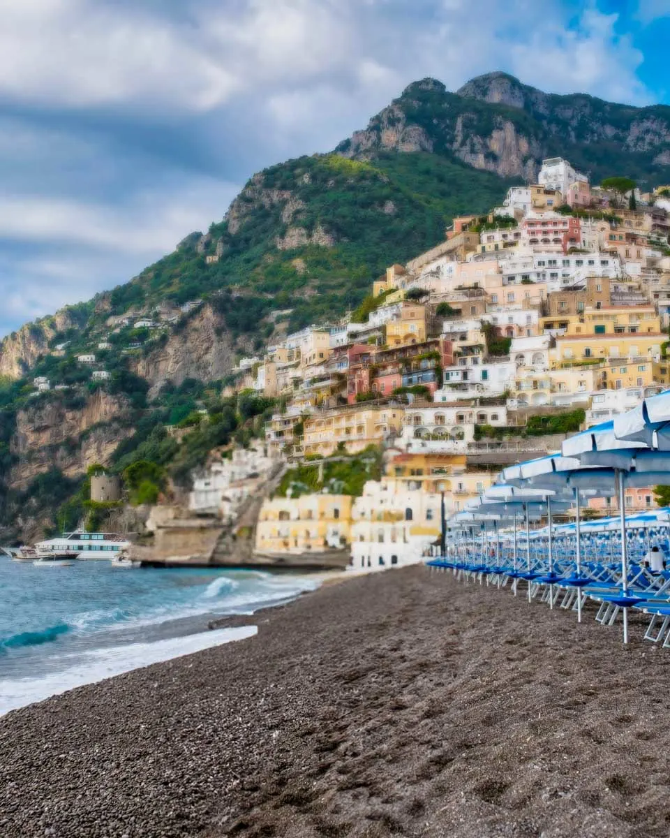 Spiaggia-Grande-black-sand-beach-in-Positano-Amalfi-Coast-Italy seen on a tour from Naples