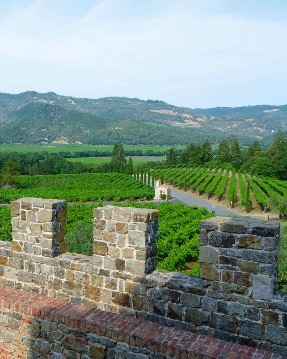 View on Napa Valley from Castello di Amorosa on a private SUV winery tour from Napa California