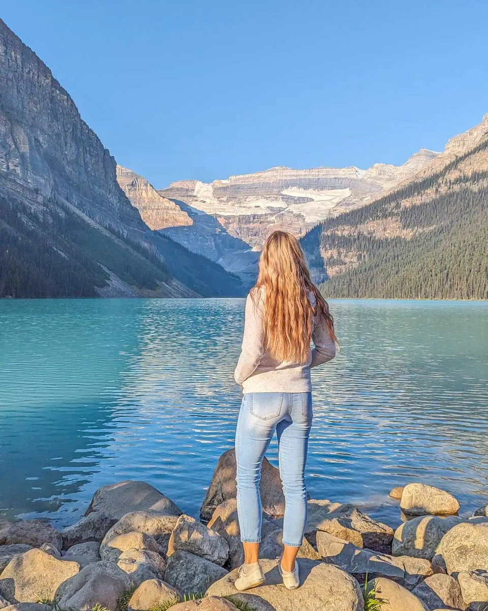 Bailey-on-the-shores-of-Lake-Louise-on a tour from Calgary Alberta