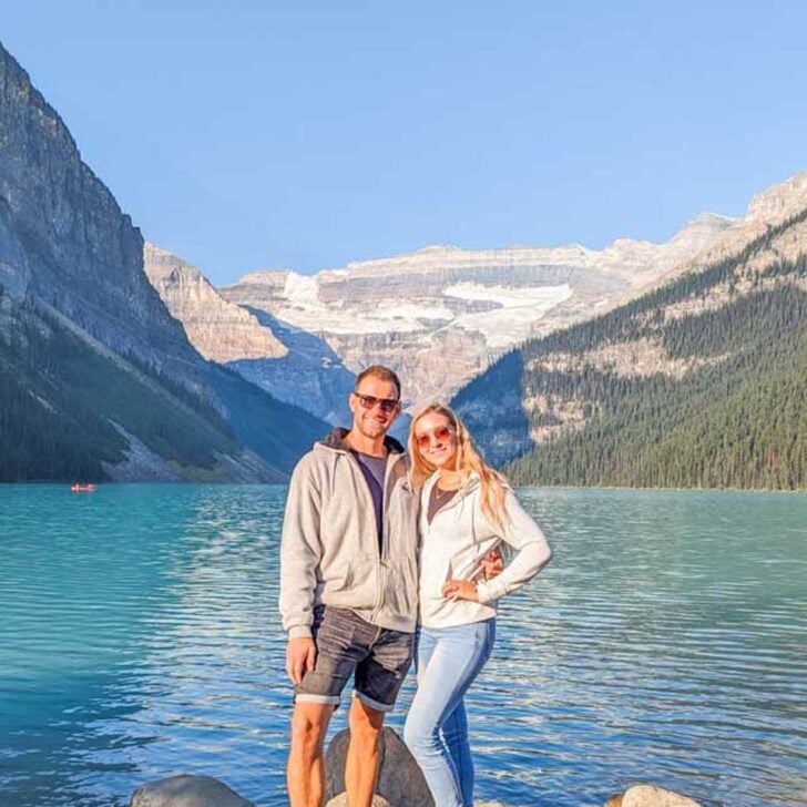 Daniel-and-Bailey-pose-for-a-photo-at-Lake-Louise on a tour from Calgary Alberta