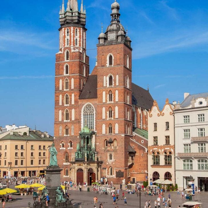 Rynek Główny and St Marys Basilica in Krakow Poland