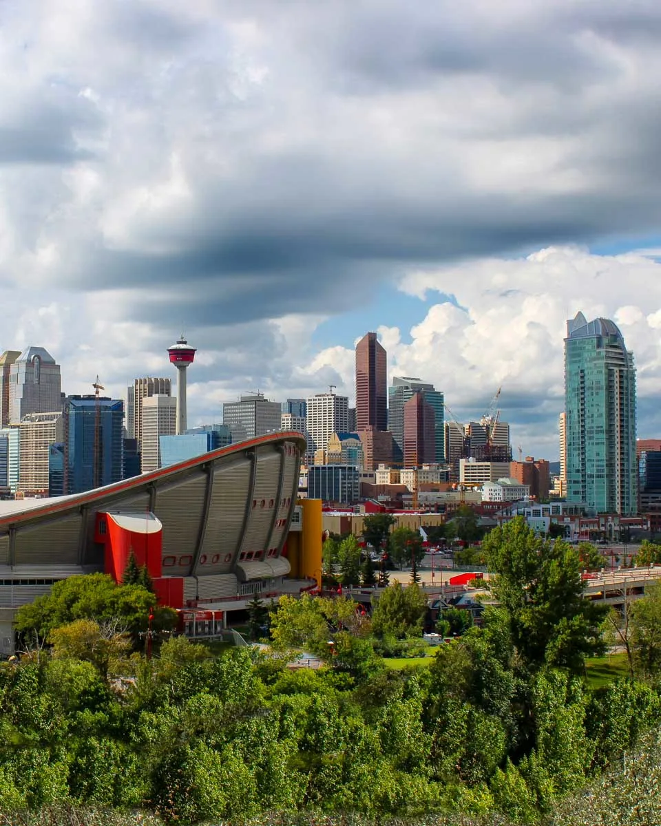 Scottsmans Hill viewpoint of the city on a motorcycle sidecar tour of Calgary Alberta