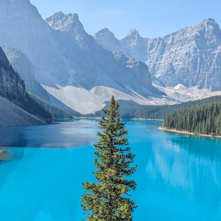 The-blue-water-of-Moraine-Lake-as-seen-from-the-rockpile-on-a-tour-from Calgary Alberta