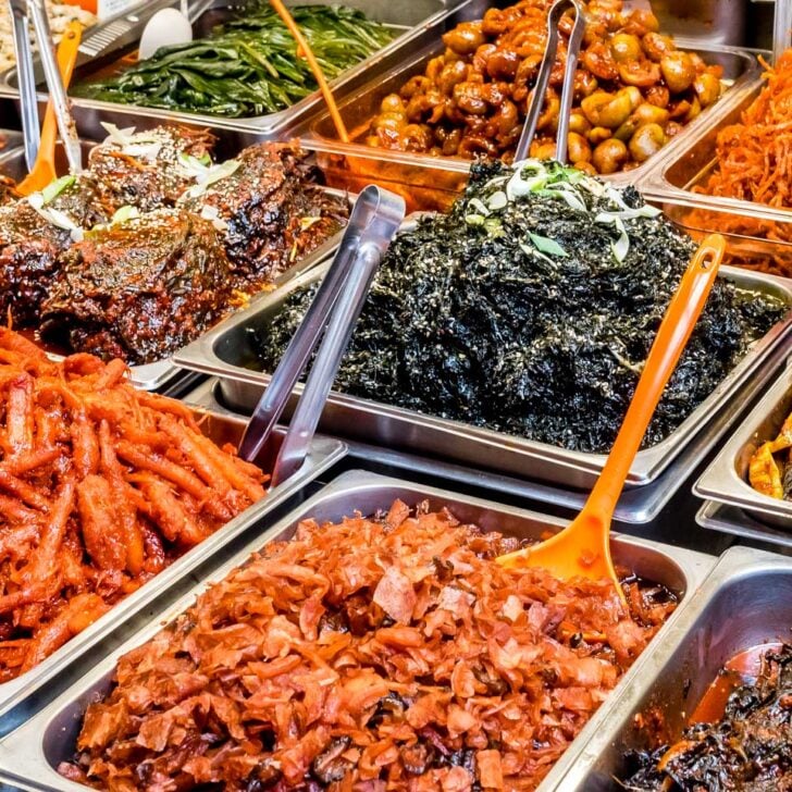 Various-foods-at-traditional-Namdaemun Market-in-Seoul-South-Korea
