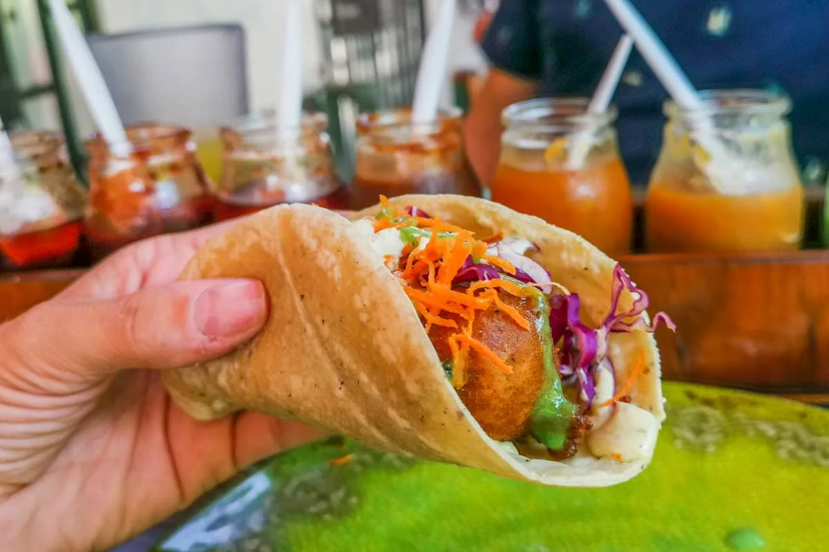 Close-up-of-a-seafood-taco-in-San Diego California