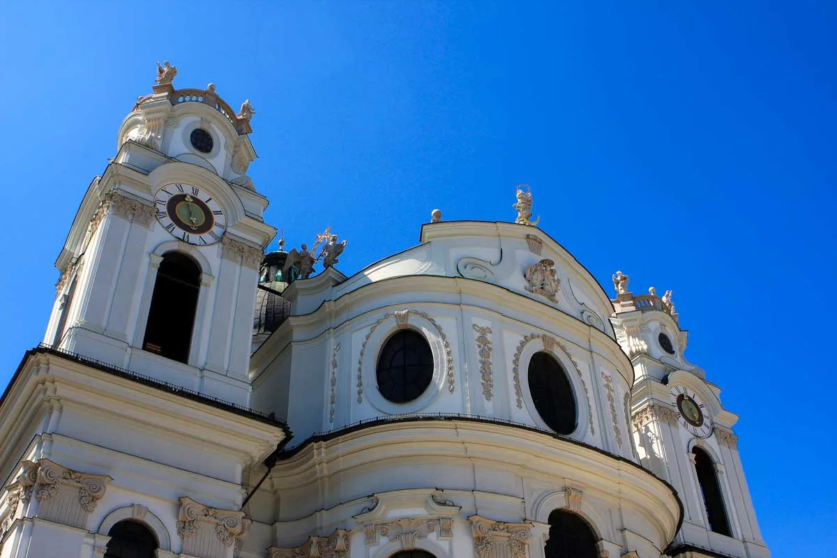 The facade of Kollegienkirche seen on a tour of Salzburg Austria
