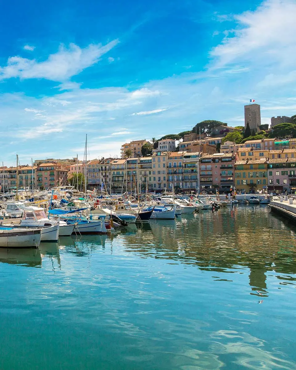 Yachts anchored in Old Port Cannes seen on an ebike tour in Cannes France