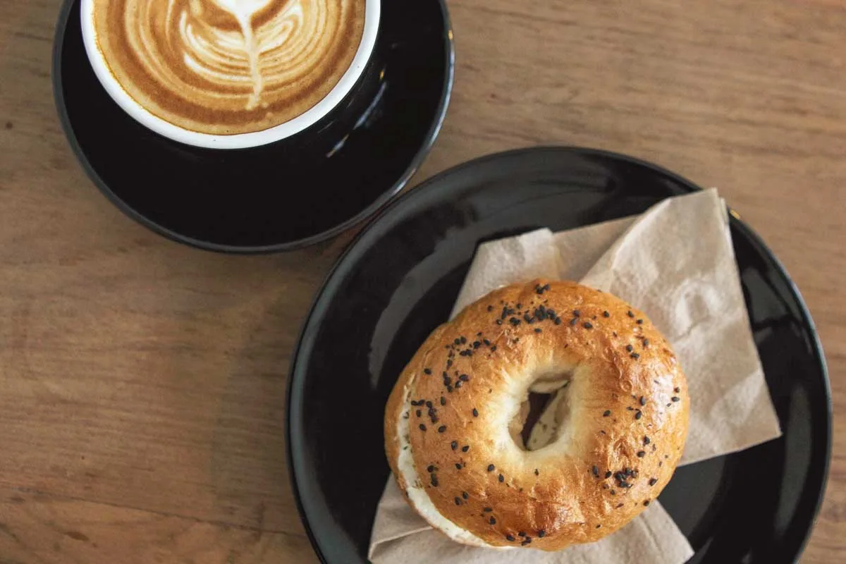 Bagel with coffee for breakfast in Fairbanks Alaska
