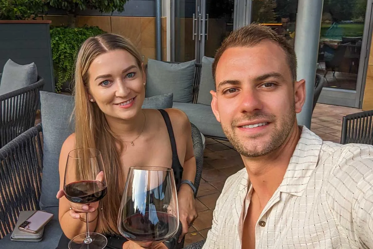 Daniel-and-Bailey-take-a-selfie-with-wine-in-Faro Portugal