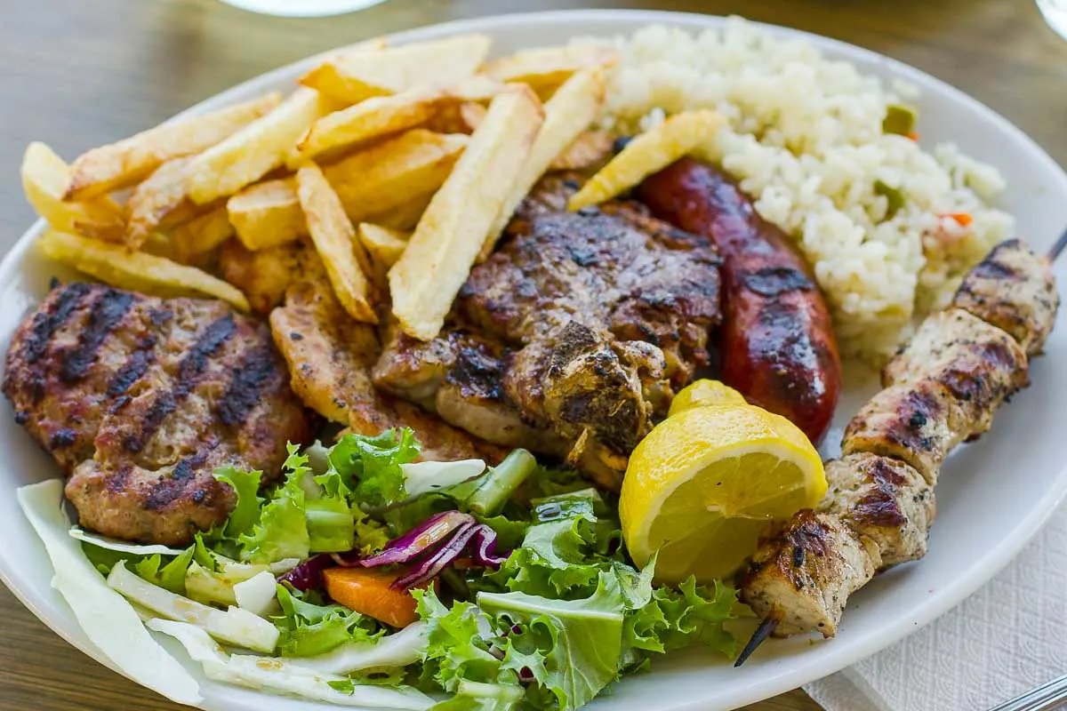 Greek-food-with-fries-eaten-for-dinner-in-Rhodes Greece
