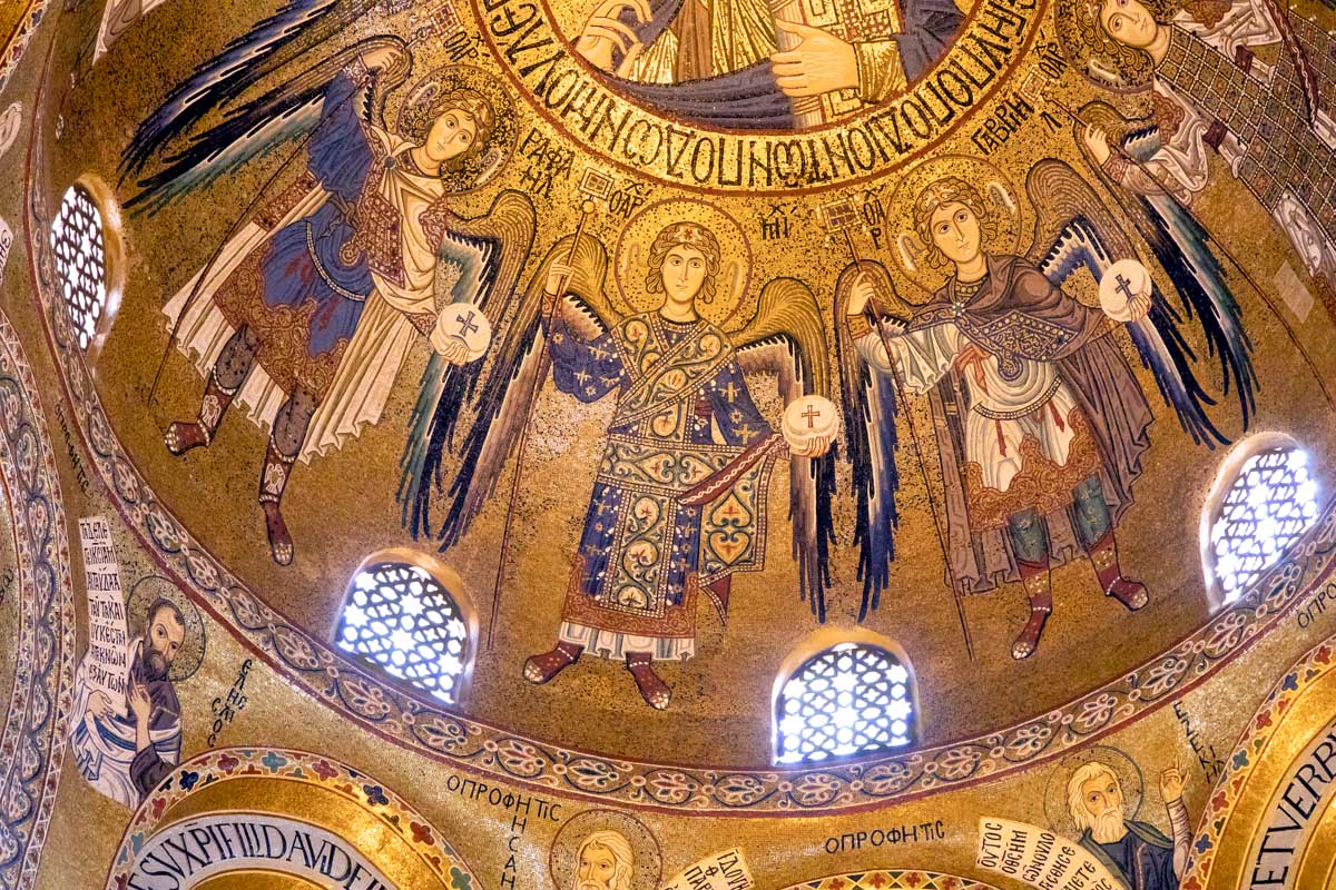 Mosaics of angels in Palatine chapel of Palermo Italy seen on a tour