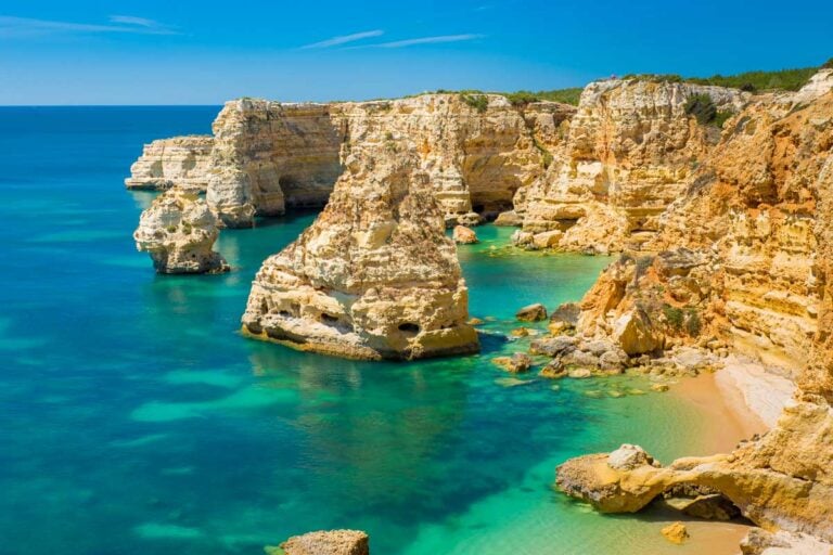 Rock formations seen along the coast of Portugal from Algarve