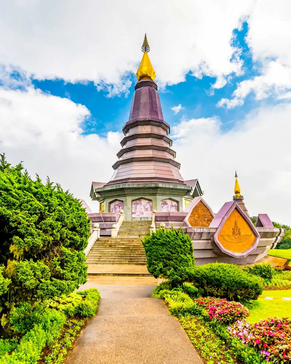 Royal Stupa in Doi Inthanon National Park seen on a sunny day during a day trip from Chiang Mai, Thailand