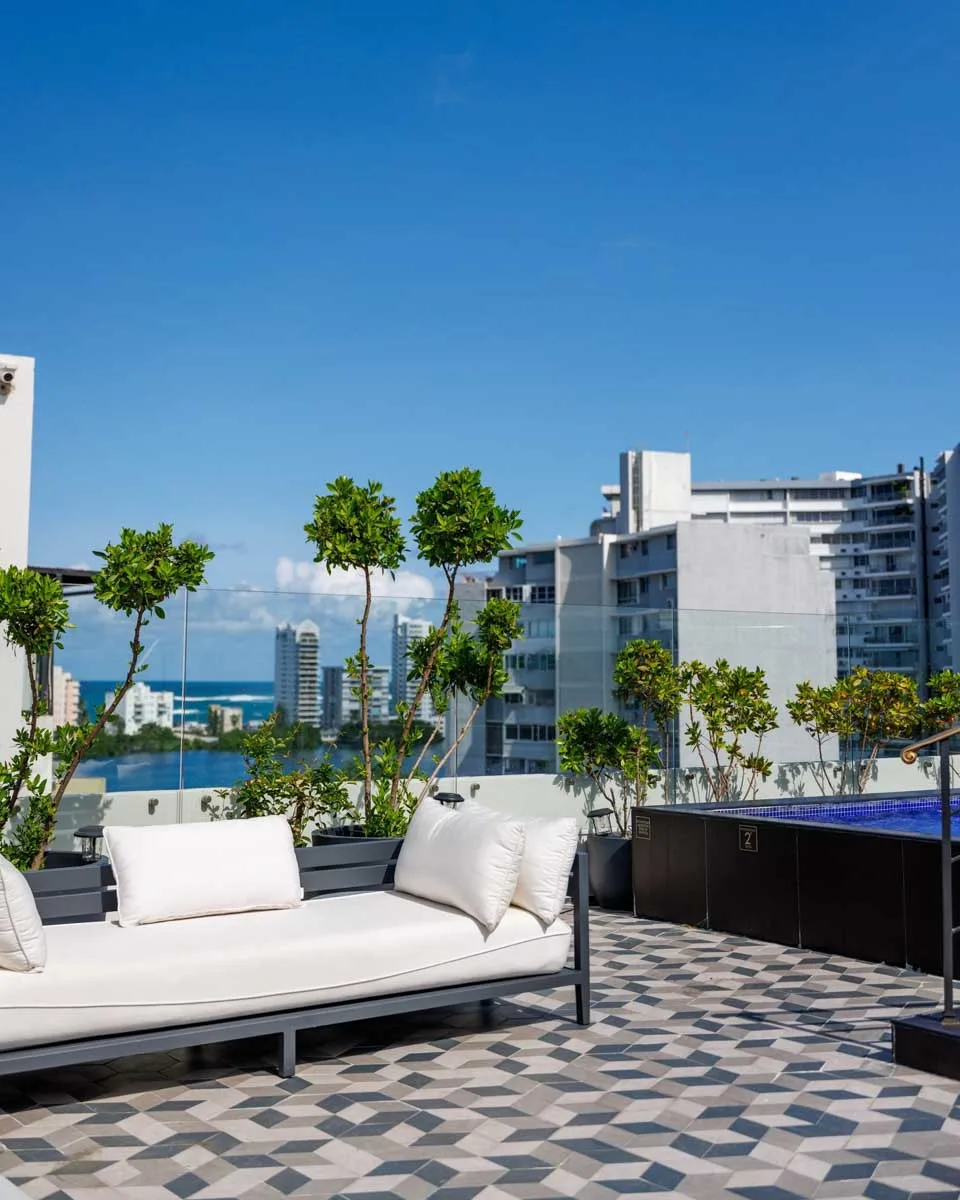 The rooftop patio at Don Rafa Boutique Hotel & Residences in San Juan