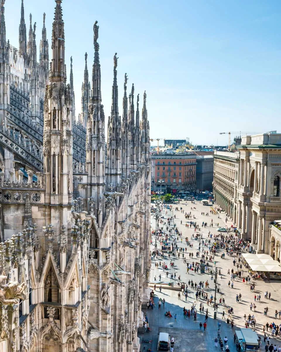 View from roof of Duomo gothic cathedral in Milan Italy 1