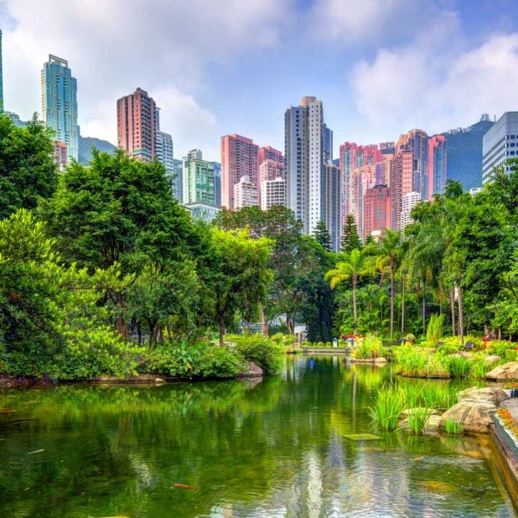 View of Pond and buildings in Hong Kong Park China