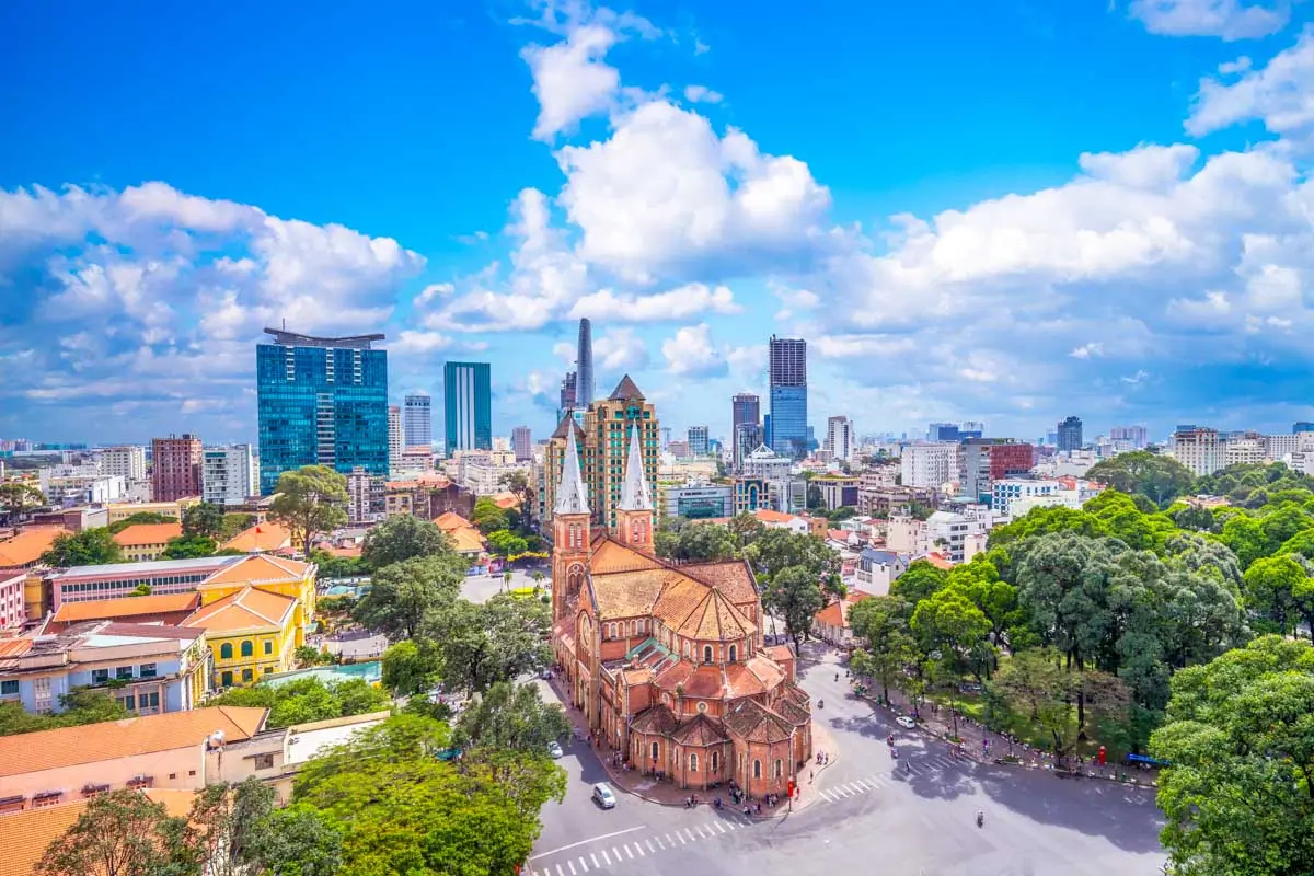 Aerial view of Notre-Dame Cathedral Basilica of Saigon, Ho Chi Minh Vietnam