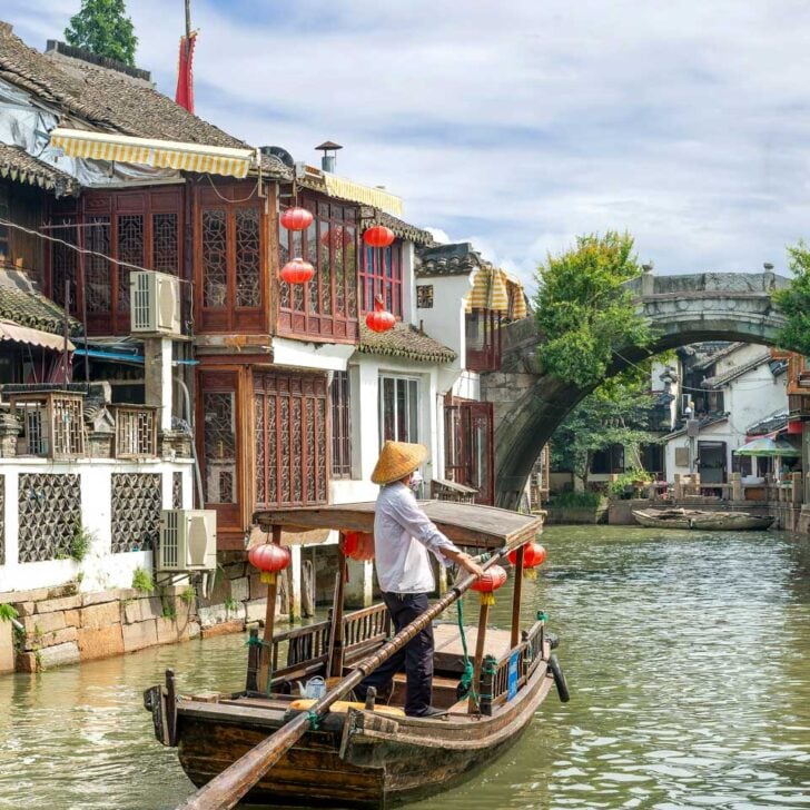 Traditional boat on the canals of Zhujiajiao in Shanghai China