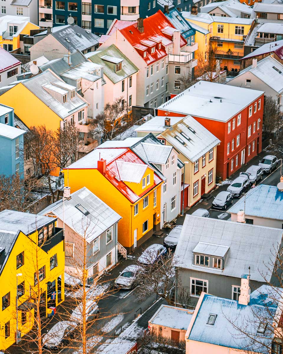 Aerial view of the colorful house in Reykjavik, Iceland