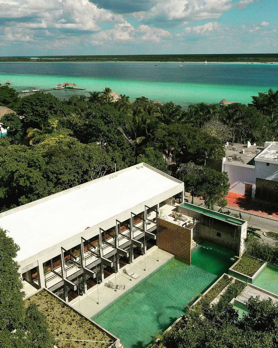 An aerial view of Hotel Makaabá Eco Boutique in Bacalar Mexico