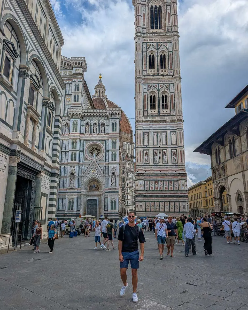 Daniel at Giotto's Campanile, the bell tower of the Florence Cathedral in Florence, Italy (1)