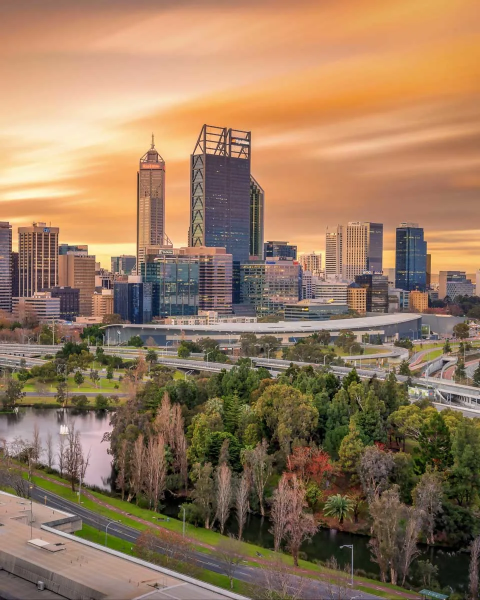 Perth city skyline at sunset from Kings Park